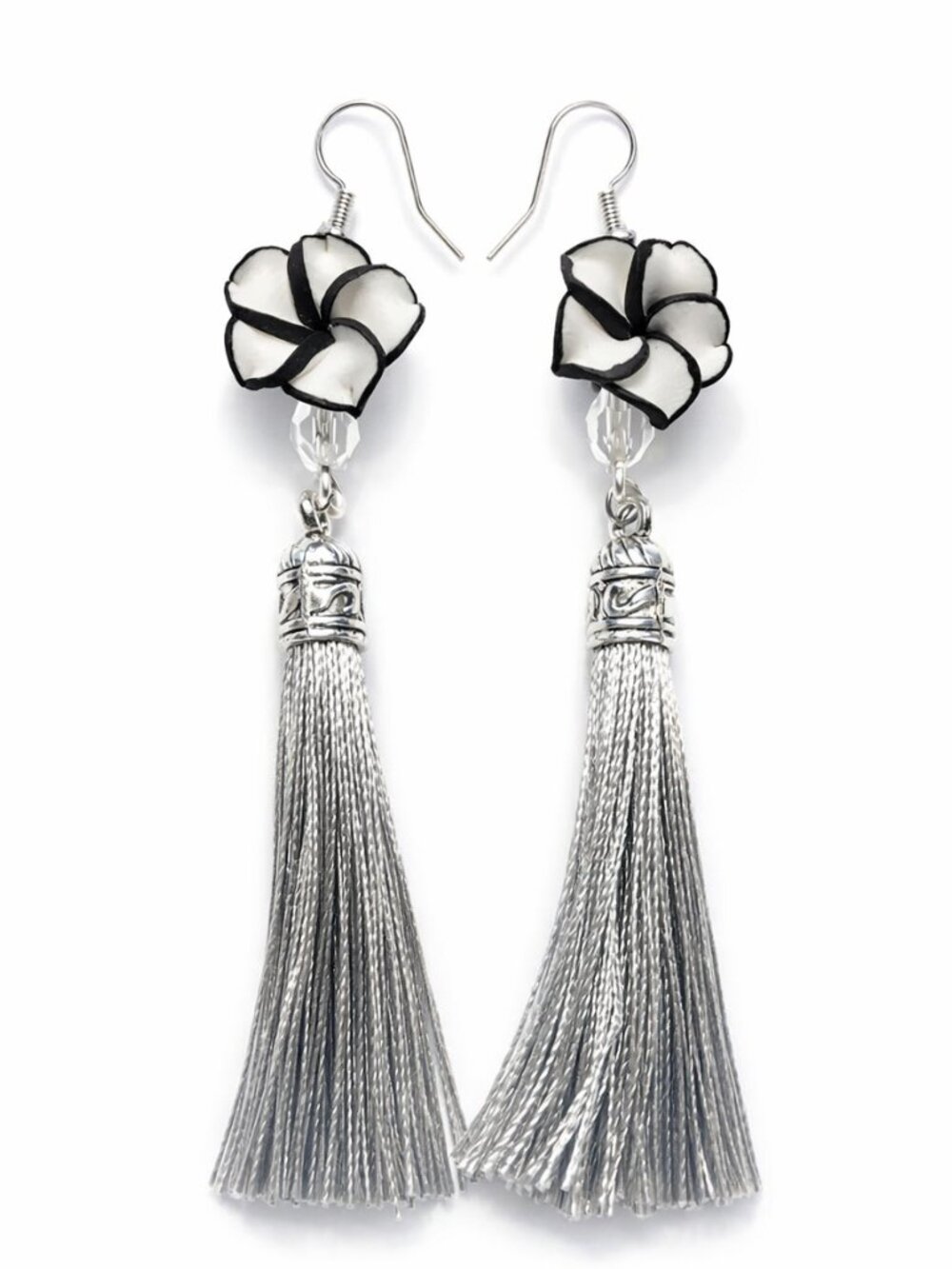 Silver Floral Tassel Earrings – Handmade Boho Dangles